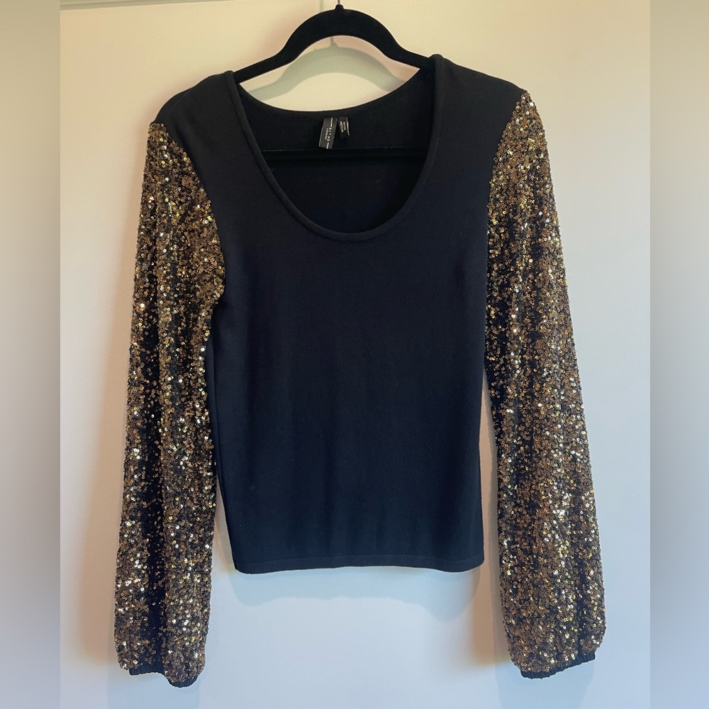 Blank NYC Black Sequin Long Sleeve Crop Blouse